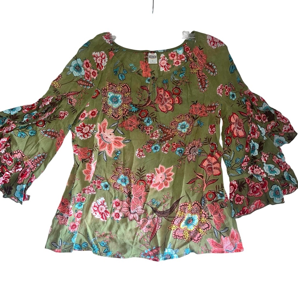 Boho Floral Ruffle-Sleeve Top - Olive Green Floral size L